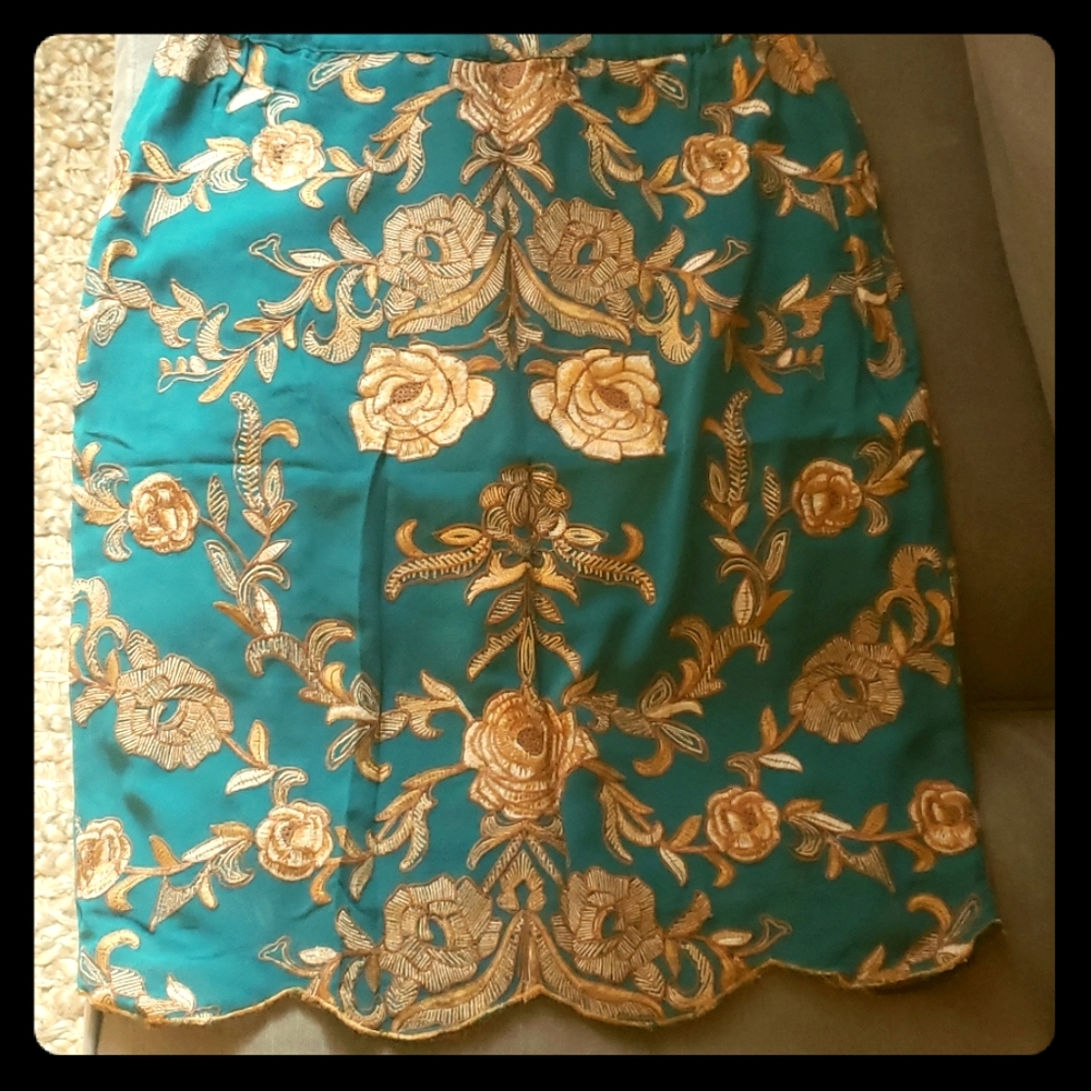 Anthropology Embroidered Green and Gold Skirt